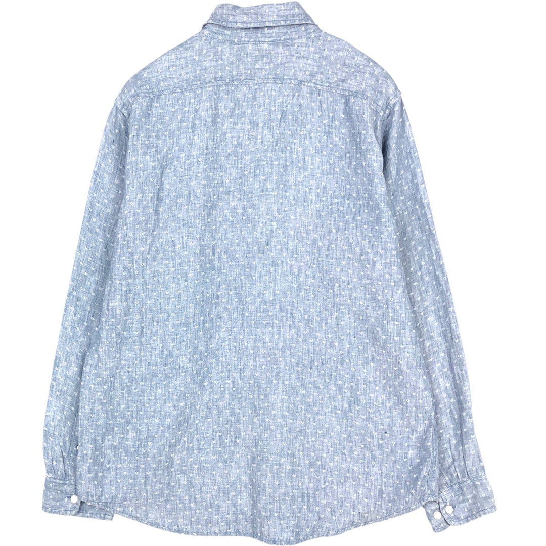 90'S LLBean all-over print long-sleeved linen shirt, men's size M (approx.) linen navy blue type Vintage Second Hand