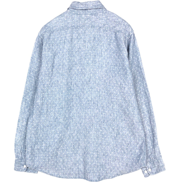 90'S LLBean all-over print long-sleeved linen shirt, men's size M (approx.) linen navy blue type Vintage Second Hand