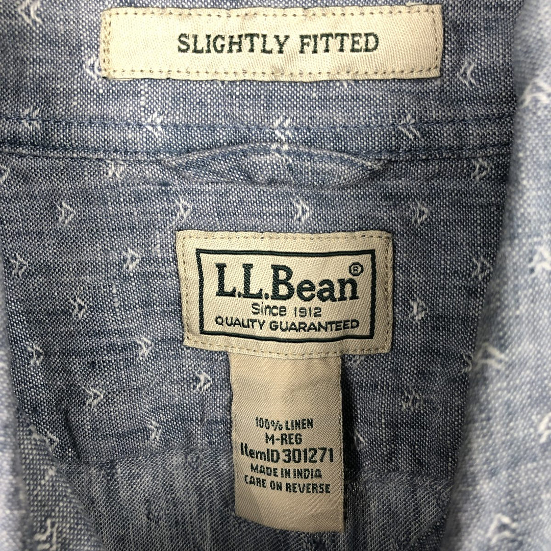 90'S LLBean all-over print long-sleeved linen shirt, men's size M (approx.) linen navy blue type Vintage Second Hand