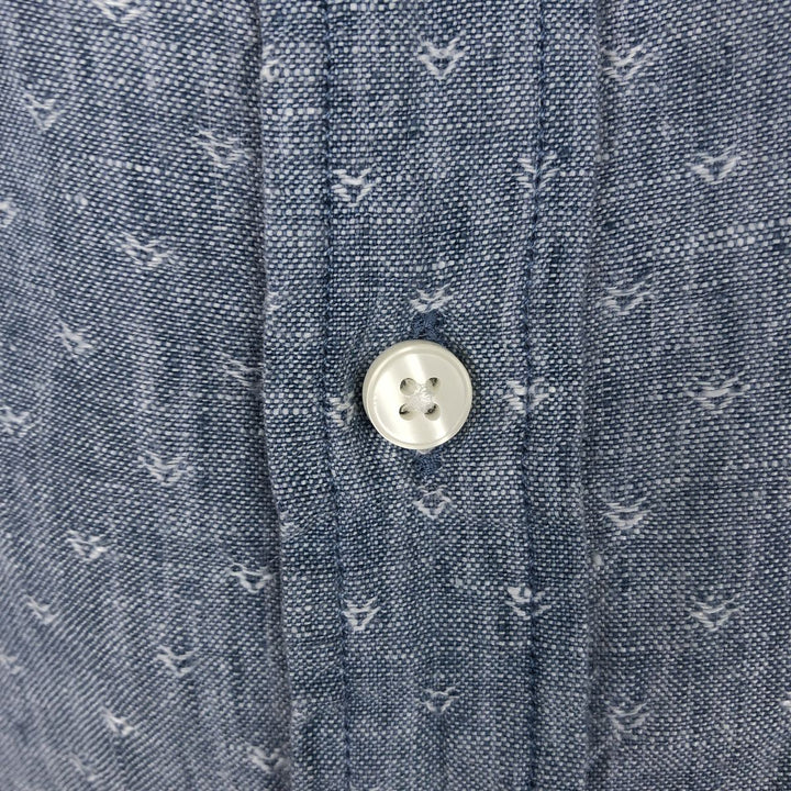 90'S LLBean all-over print long-sleeved linen shirt, men's size M (approx.) linen navy blue type Vintage Second Hand