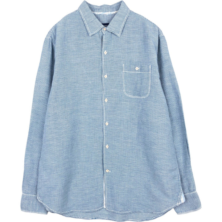 Tommy Bahama Check Pattern Gingham Check Long-Sleeve Linen x Tencel Shirt (Men's Size L) linen blue type Vintage Second Hand