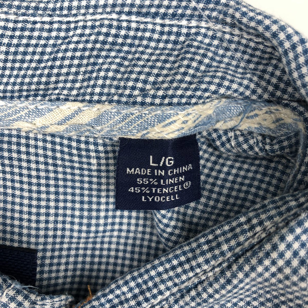 Tommy Bahama Check Pattern Gingham Check Long-Sleeve Linen x Tencel Shirt (Men's Size L) linen blue type Vintage Second Hand