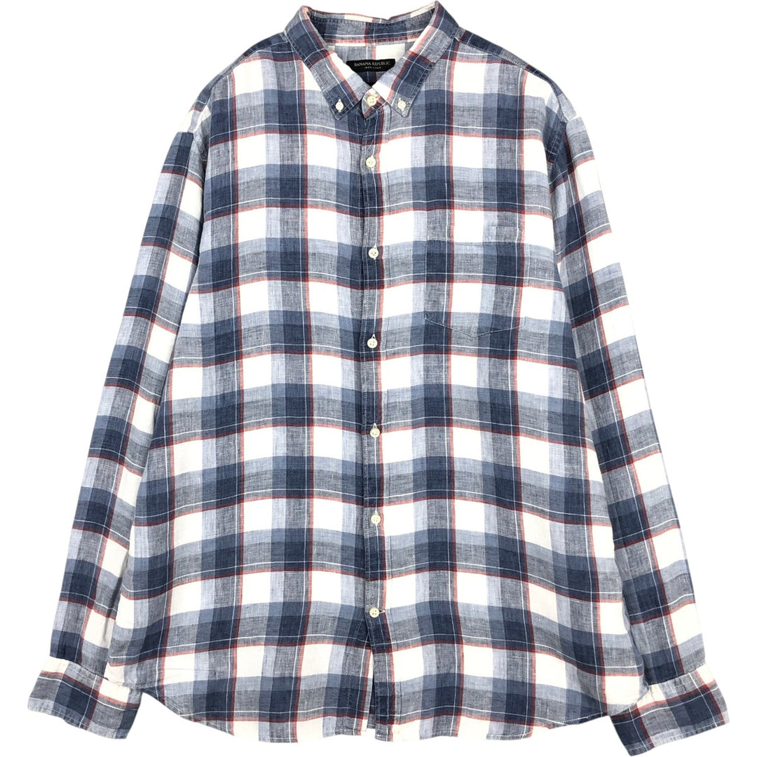 Banana Republic CAMDEN FIT Check Pattern Long-Sleeve Linen Button-Down Shirt, Men's Size XL (approx.) linen navy blue type Vintage Second Hand
