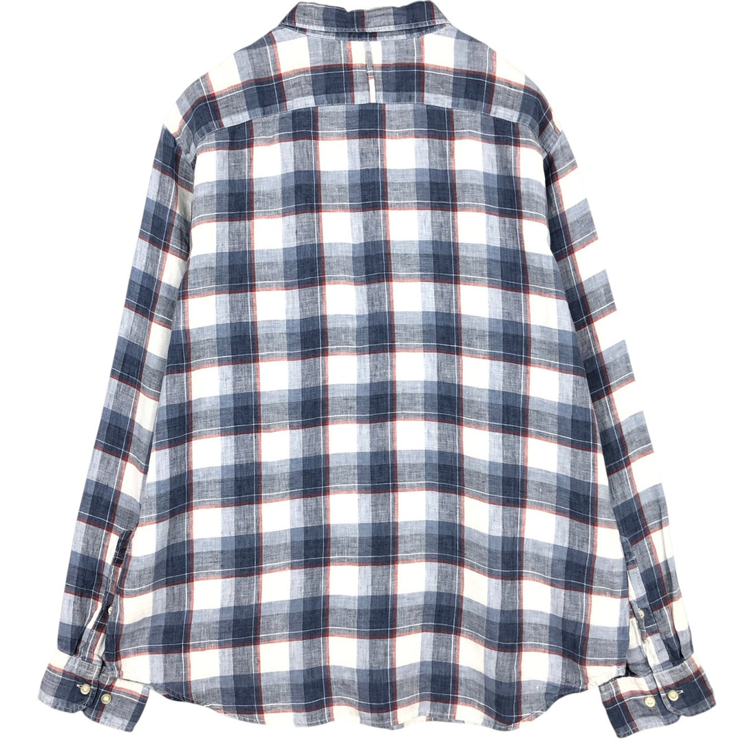 Banana Republic CAMDEN FIT Check Pattern Long-Sleeve Linen Button-Down Shirt, Men's Size XL (approx.) linen navy blue type Vintage Second Hand