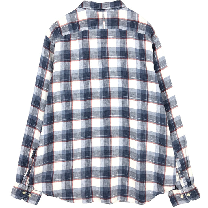 Banana Republic CAMDEN FIT Check Pattern Long-Sleeve Linen Button-Down Shirt, Men's Size XL (approx.) linen navy blue type Vintage Second Hand