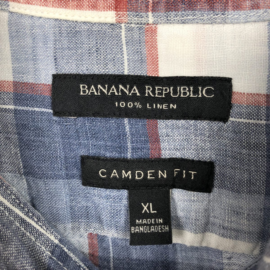Banana Republic CAMDEN FIT Check Pattern Long-Sleeve Linen Button-Down Shirt, Men's Size XL (approx.) linen navy blue type Vintage Second Hand