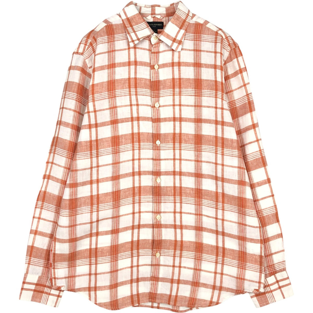 Banana Republic Check Pattern Long-Sleeve Linen Shirt, Men's Size M (approx.) linen orange type Vintage Second Hand