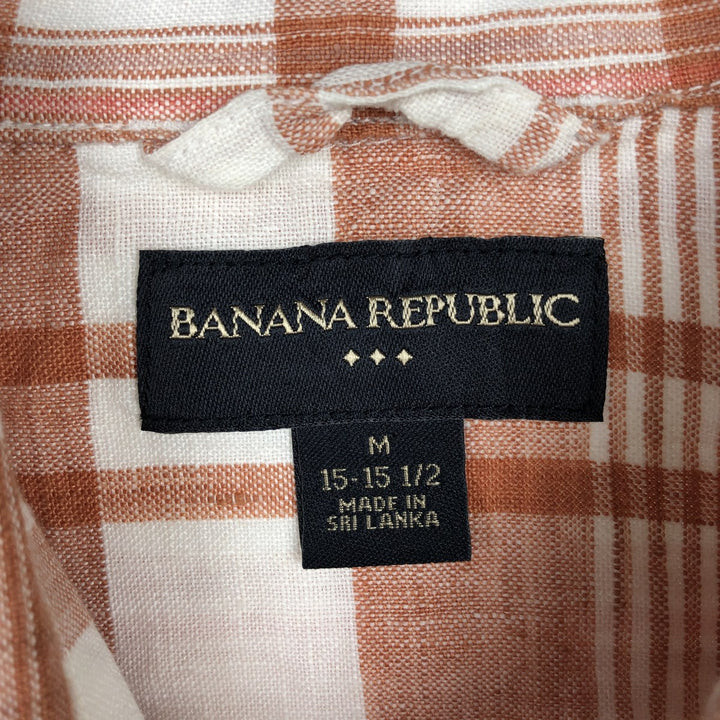 Banana Republic Check Pattern Long-Sleeve Linen Shirt, Men's Size M (approx.) linen orange type Vintage Second Hand