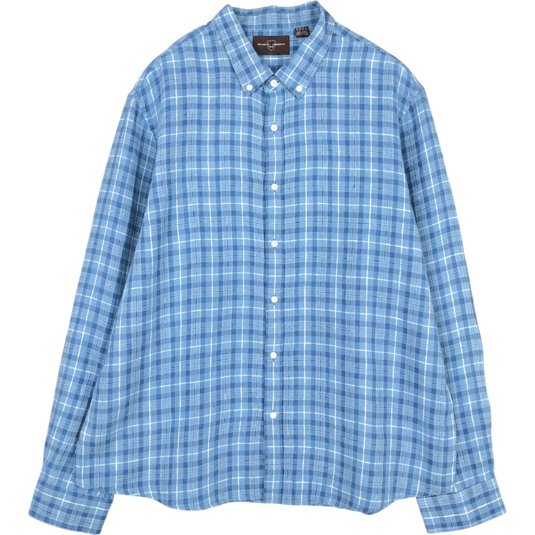 BLACK BROWN Check Pattern Long-Sleeve Linen Button-Down Shirt, Men's Size XL (approx.) linen blue type Vintage Second Hand