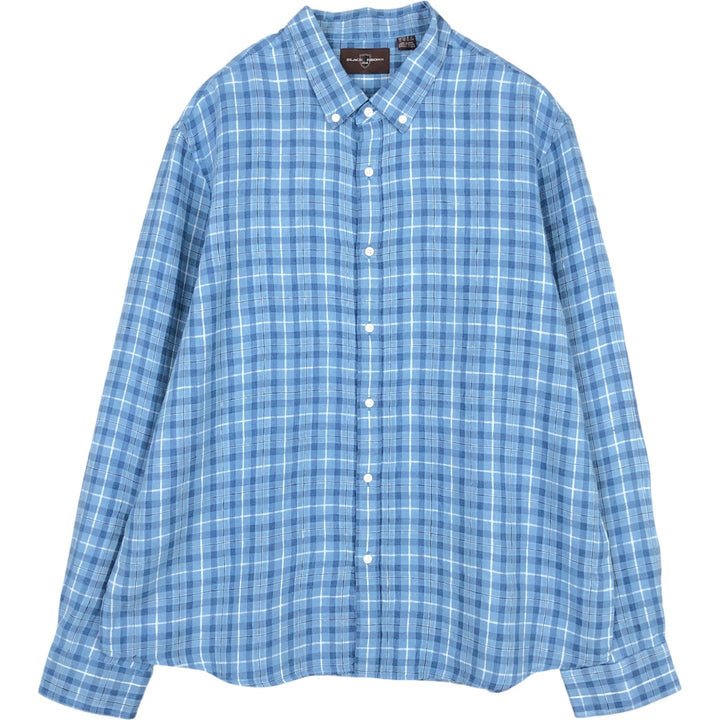 BLACK BROWN Check Pattern Long-Sleeve Linen Button-Down Shirt, Men's Size XL (approx.) linen blue type Vintage Second Hand