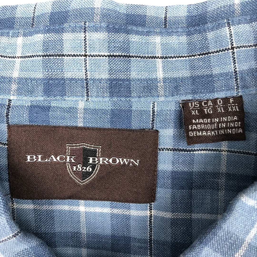 BLACK BROWN Check Pattern Long-Sleeve Linen Button-Down Shirt, Men's Size XL (approx.) linen blue type Vintage Second Hand