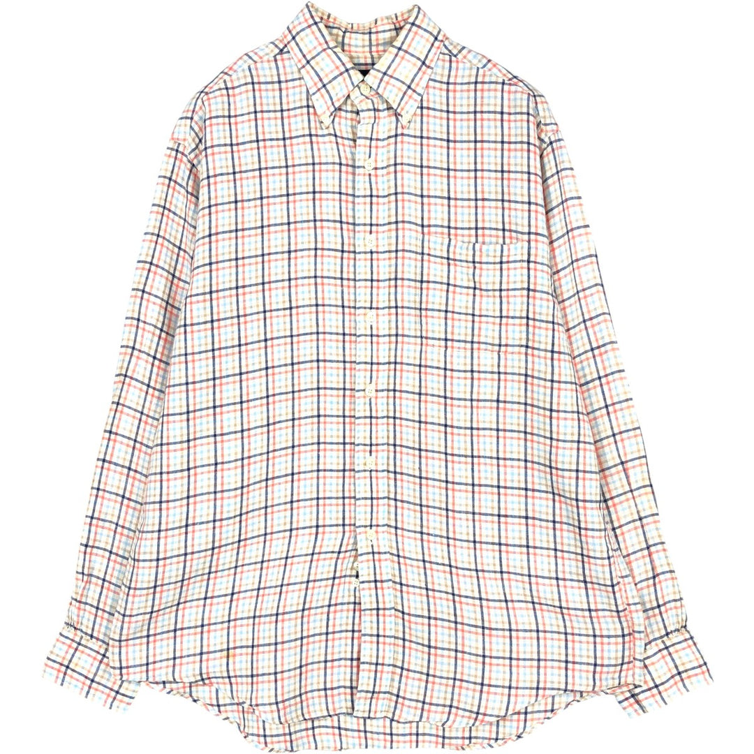 Brooks Brothers 346 Check Pattern Long-Sleeve Linen Button-Down Shirt, Men's Size M (approx.) linen navy blue type Vintage Second Hand