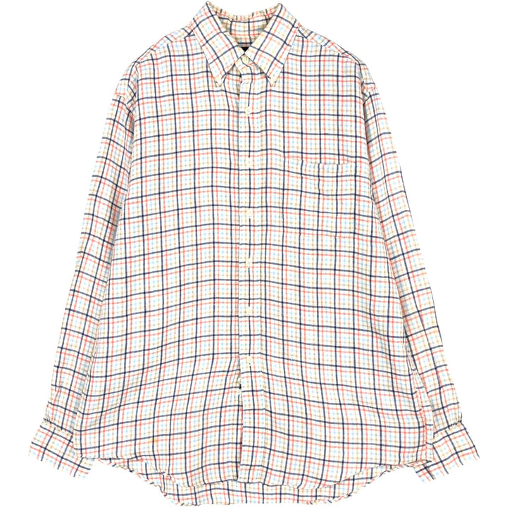 Brooks Brothers 346 Check Pattern Long-Sleeve Linen Button-Down Shirt, Men's Size M (approx.) linen navy blue type Vintage Second Hand