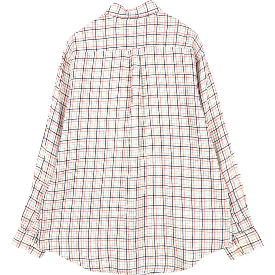 Brooks Brothers 346 Check Pattern Long-Sleeve Linen Button-Down Shirt, Men's Size M (approx.) linen navy blue type Vintage Second Hand