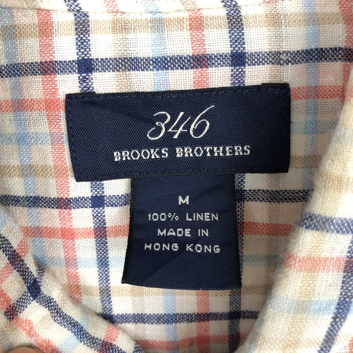 Brooks Brothers 346 Check Pattern Long-Sleeve Linen Button-Down Shirt, Men's Size M (approx.) linen navy blue type Vintage Second Hand