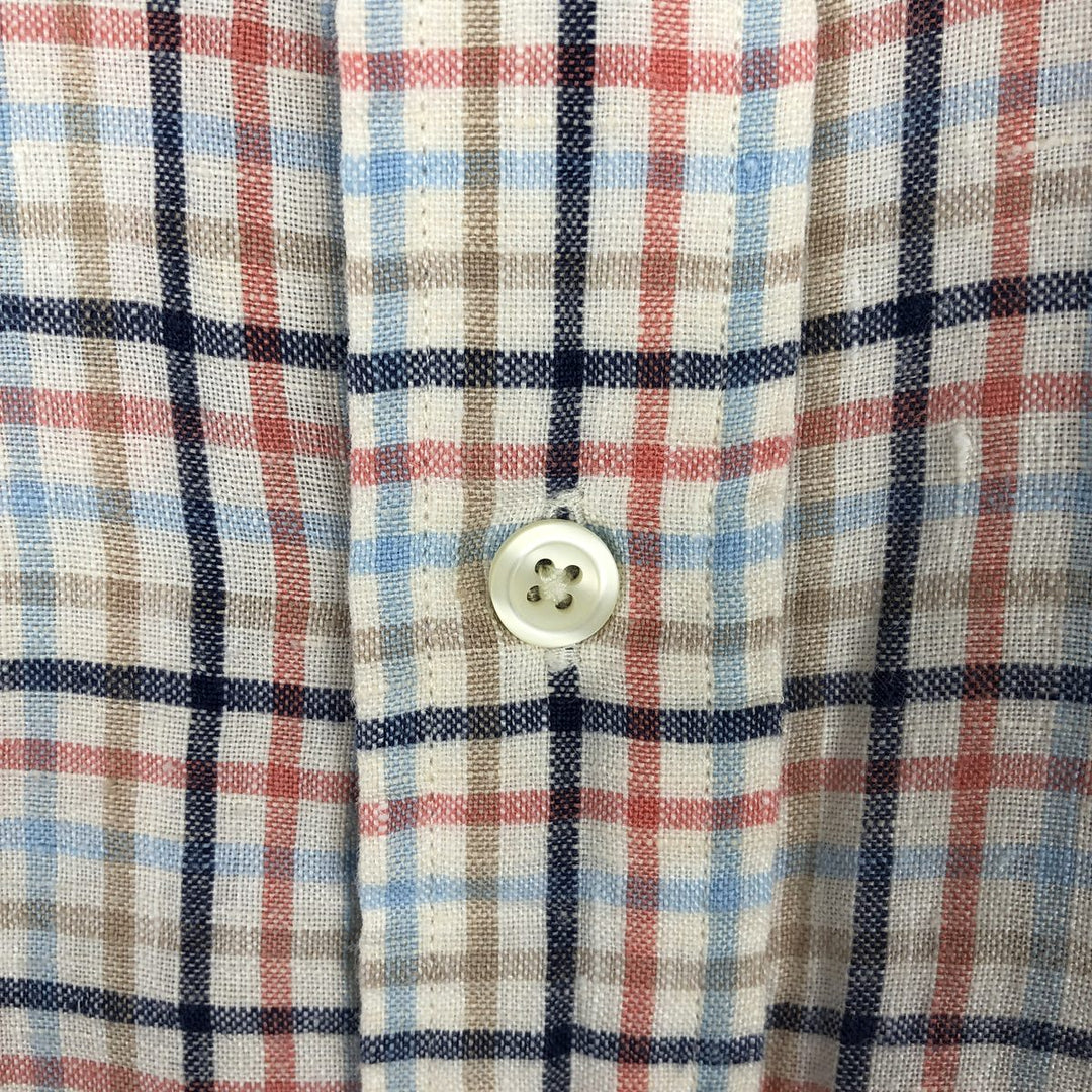 Brooks Brothers 346 Check Pattern Long-Sleeve Linen Button-Down Shirt, Men's Size M (approx.) linen navy blue type Vintage Second Hand