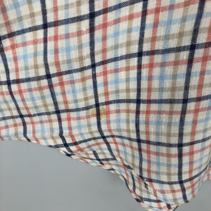 Brooks Brothers 346 Check Pattern Long-Sleeve Linen Button-Down Shirt, Men's Size M (approx.) linen navy blue type Vintage Second Hand
