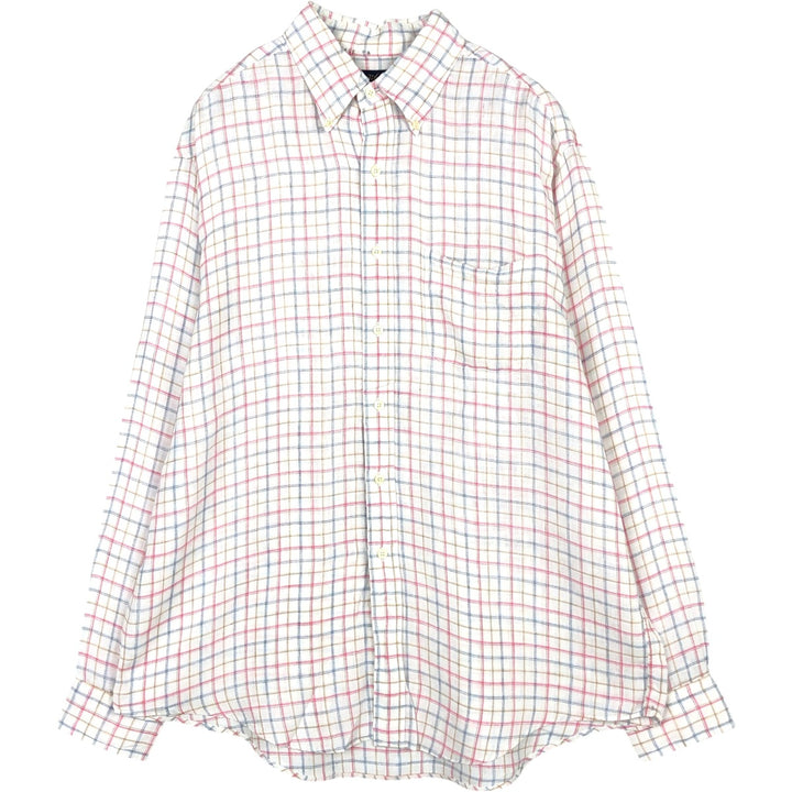 Brooks Brothers 346 Check Pattern Long-Sleeve Linen Button-Down Shirt, Men's Size L (approx.) linen white type Vintage Second Hand