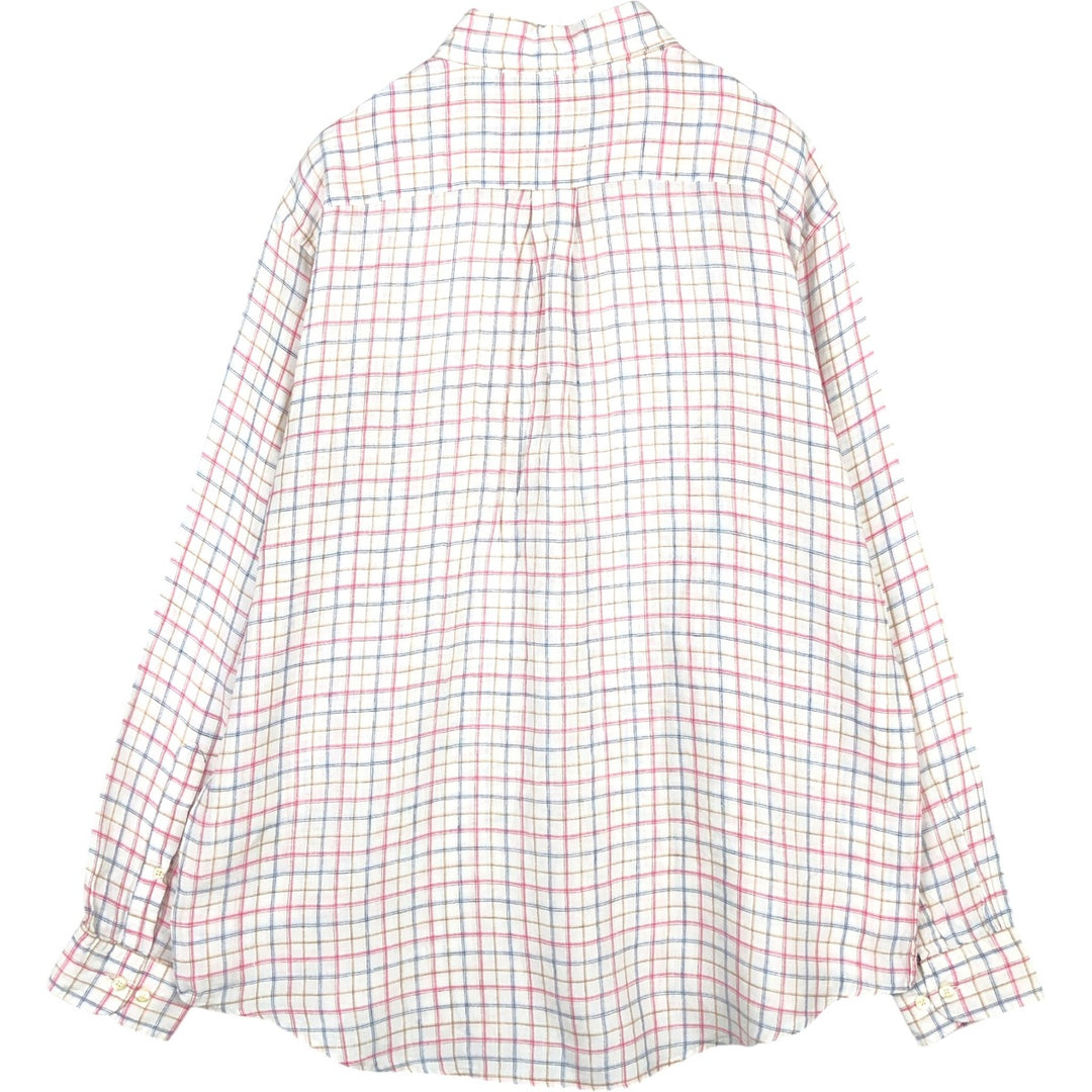 Brooks Brothers 346 Check Pattern Long-Sleeve Linen Button-Down Shirt, Men's Size L (approx.) linen white type Vintage Second Hand