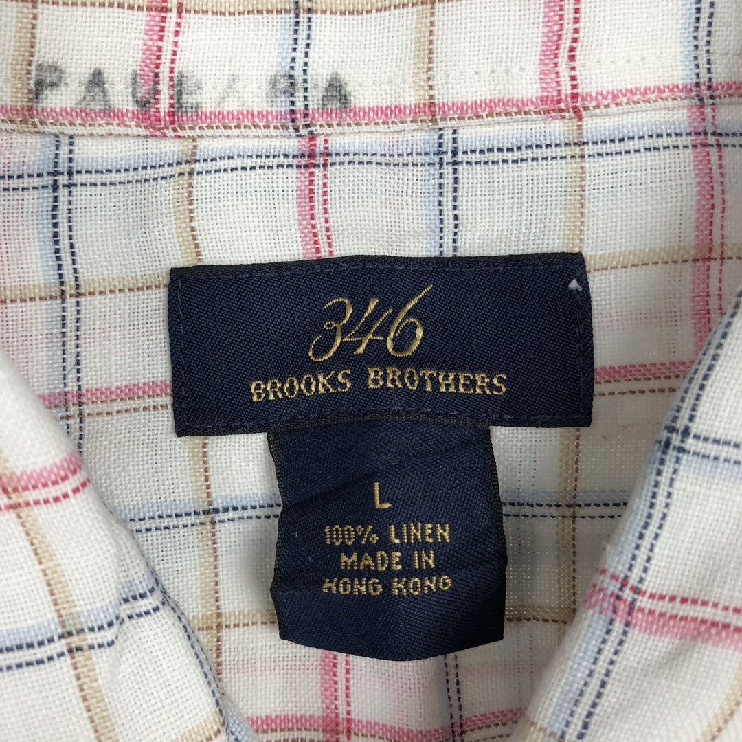 Brooks Brothers 346 Check Pattern Long-Sleeve Linen Button-Down Shirt, Men's Size L (approx.) linen white type Vintage Second Hand