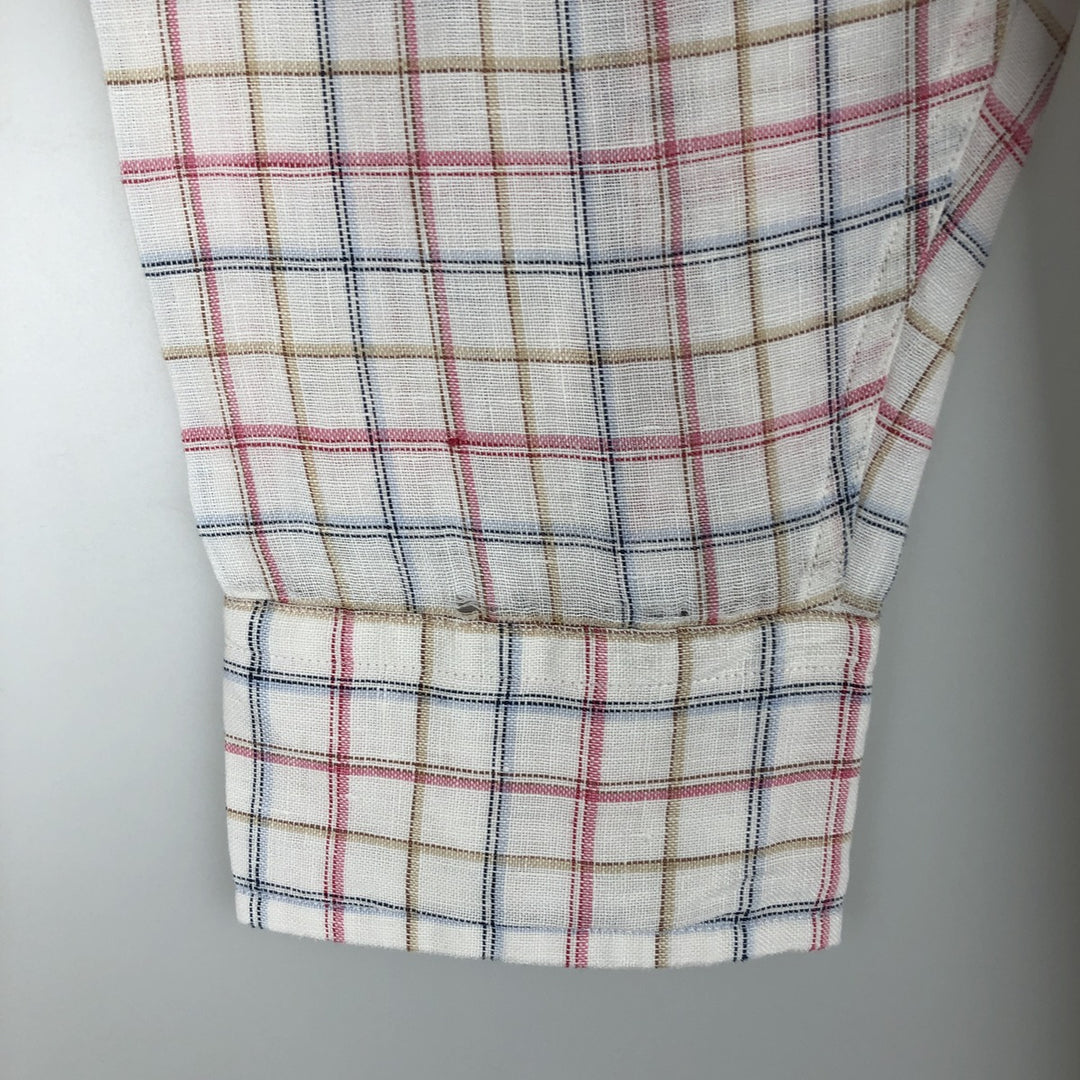 Brooks Brothers 346 Check Pattern Long-Sleeve Linen Button-Down Shirt, Men's Size L (approx.) linen white type Vintage Second Hand