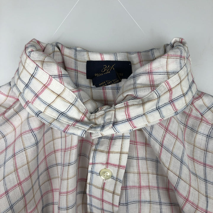 Brooks Brothers 346 Check Pattern Long-Sleeve Linen Button-Down Shirt, Men's Size L (approx.) linen white type Vintage Second Hand