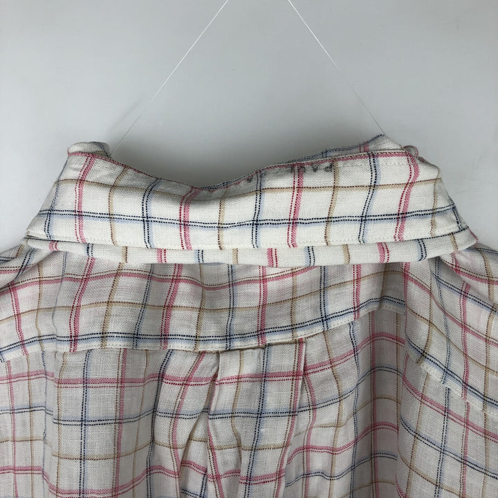 Brooks Brothers 346 Check Pattern Long-Sleeve Linen Button-Down Shirt, Men's Size L (approx.) linen white type Vintage Second Hand
