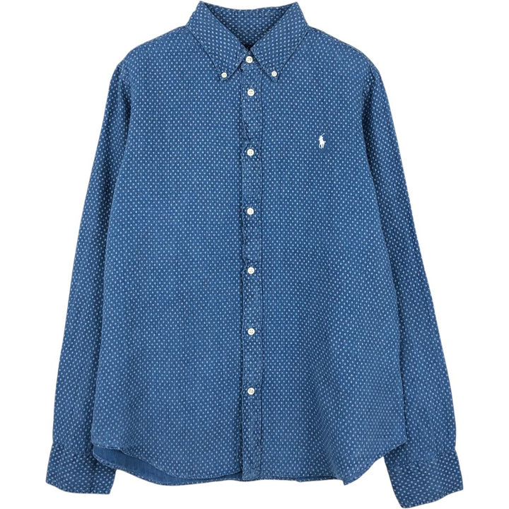 Ralph Lauren CLASSIC FIT all-over print long-sleeve linen shirt, men's size XL (approx.) linen navy blue type Vintage Second Hand