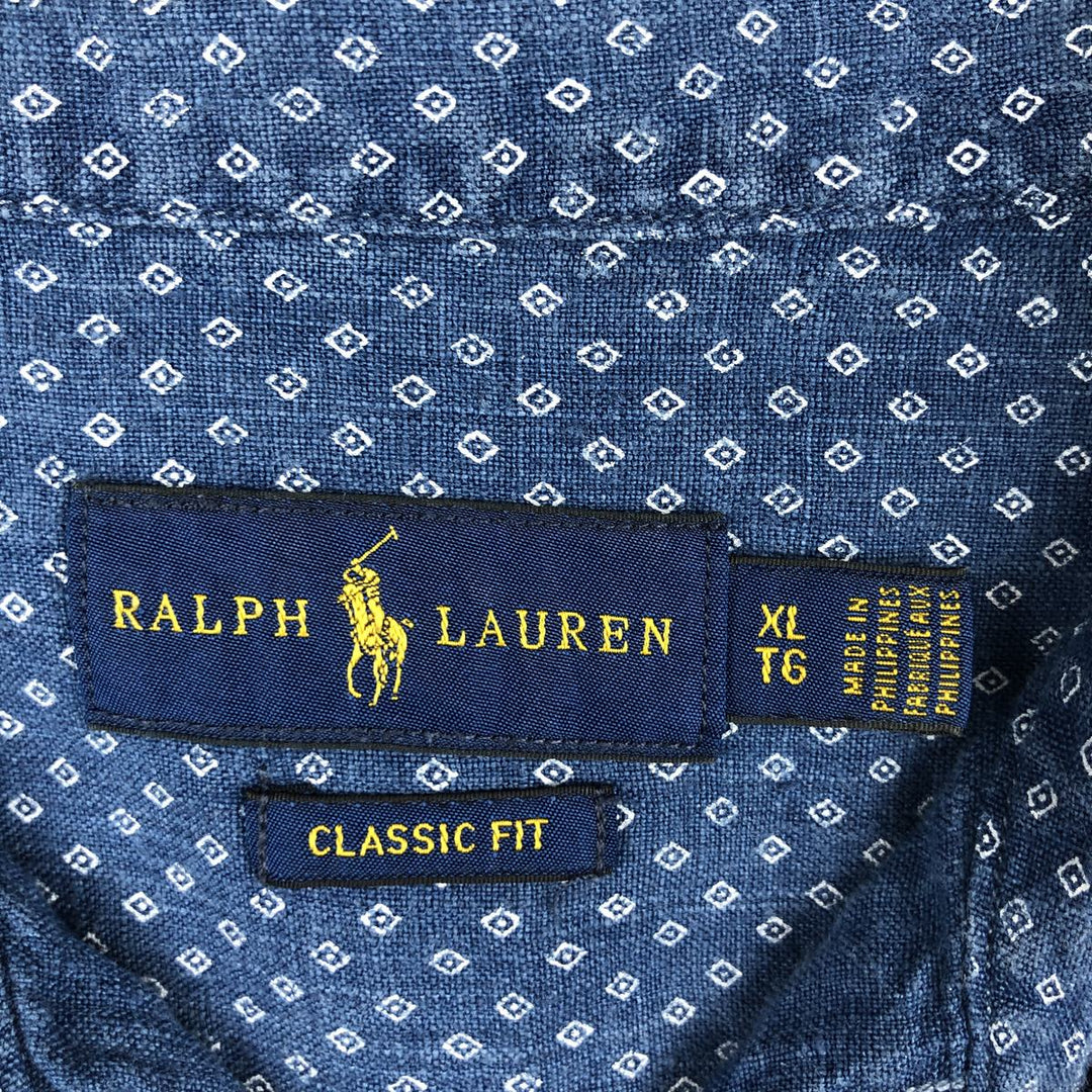 Ralph Lauren CLASSIC FIT all-over print long-sleeve linen shirt, men's size XL (approx.) linen navy blue type Vintage Second Hand