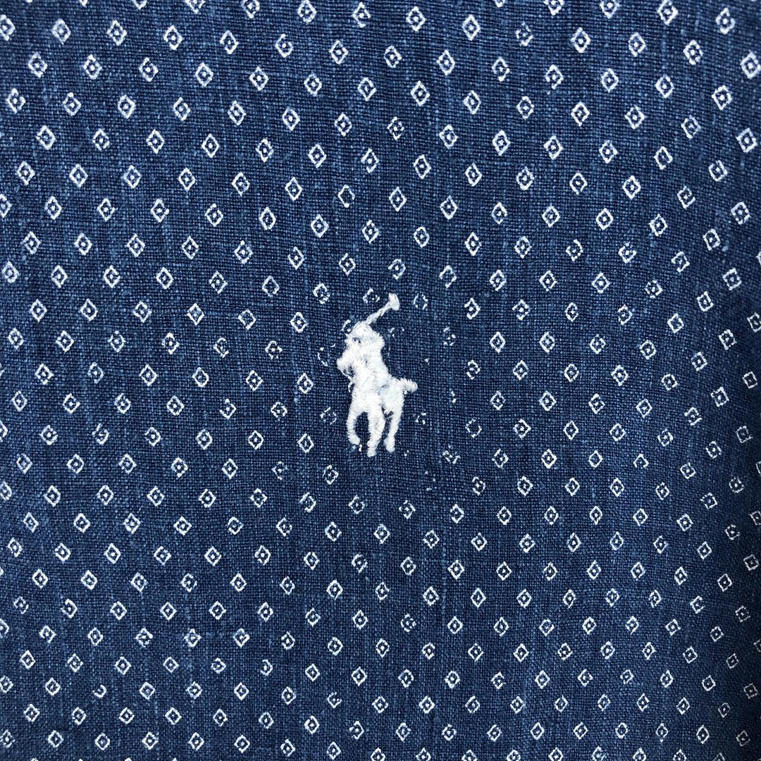 Ralph Lauren CLASSIC FIT all-over print long-sleeve linen shirt, men's size XL (approx.) linen navy blue type Vintage Second Hand