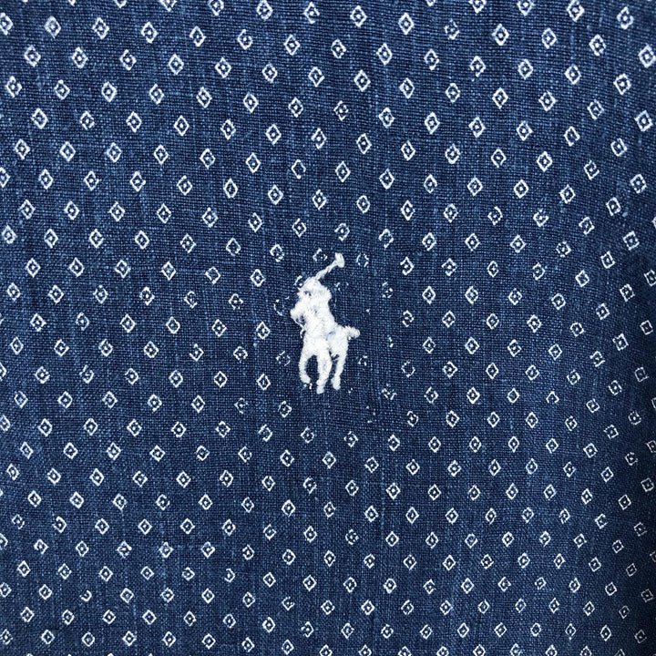 Ralph Lauren CLASSIC FIT all-over print long-sleeve linen shirt, men's size XL (approx.) linen navy blue type Vintage Second Hand