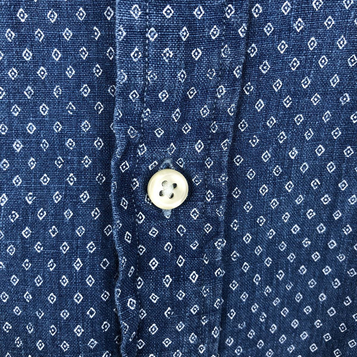 Ralph Lauren CLASSIC FIT all-over print long-sleeve linen shirt, men's size XL (approx.) linen navy blue type Vintage Second Hand