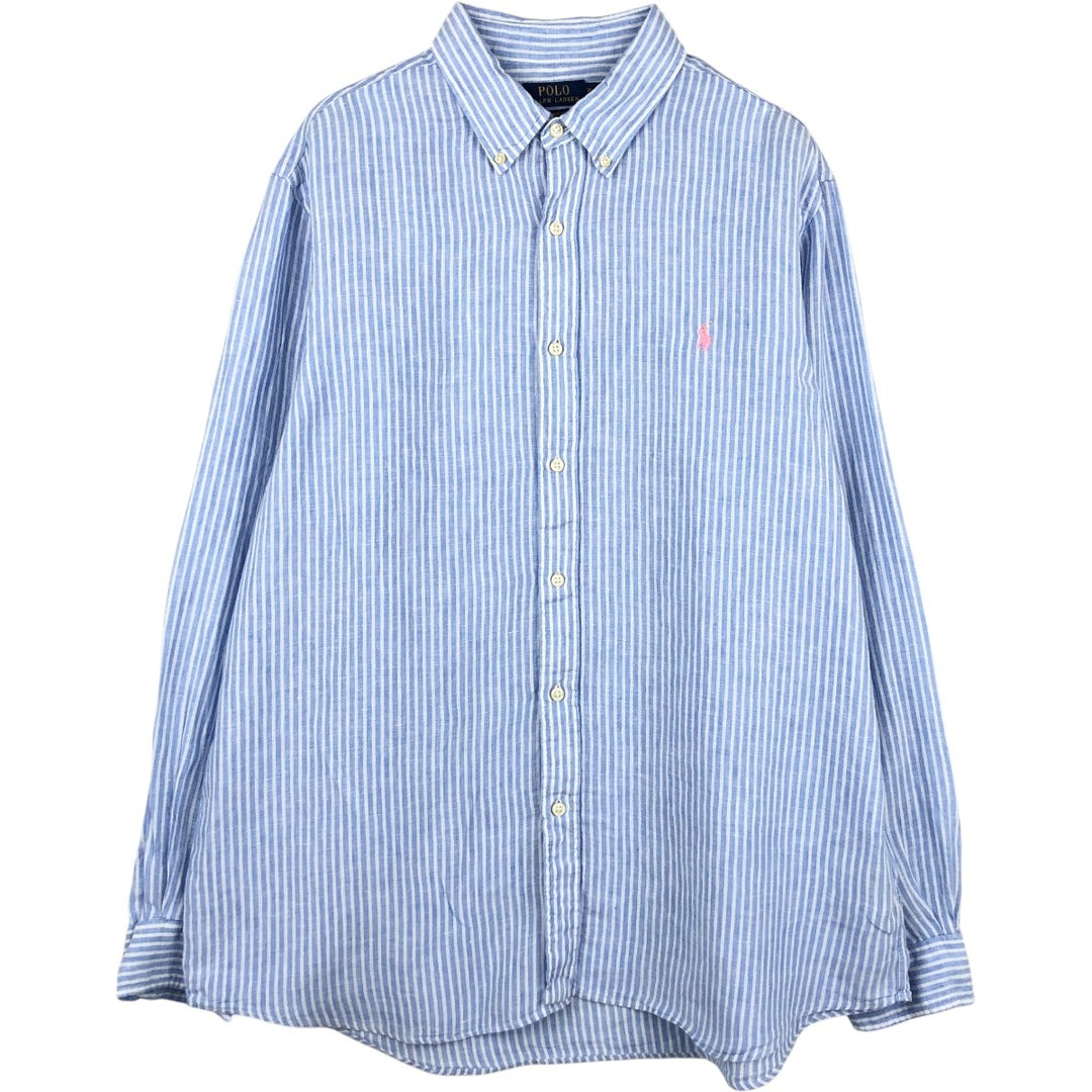 Ralph Lauren Striped Pattern Long-Sleeve Linen Button-Down Shirt, Men's Size XL (approx.) linen blue type Vintage Second Hand