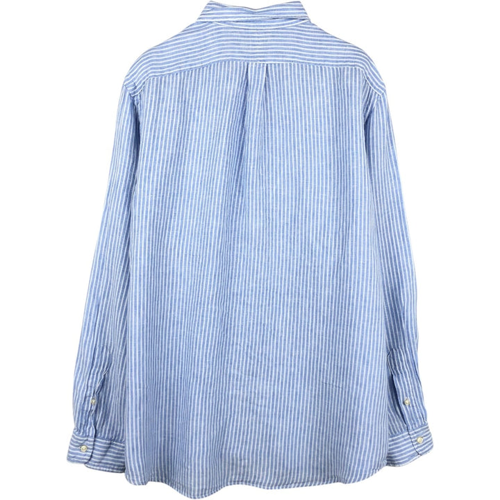 Ralph Lauren Striped Pattern Long-Sleeve Linen Button-Down Shirt, Men's Size XL (approx.) linen blue type Vintage Second Hand