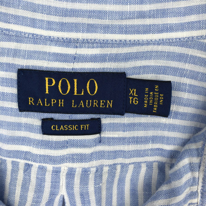 Ralph Lauren Striped Pattern Long-Sleeve Linen Button-Down Shirt, Men's Size XL (approx.) linen blue type Vintage Second Hand