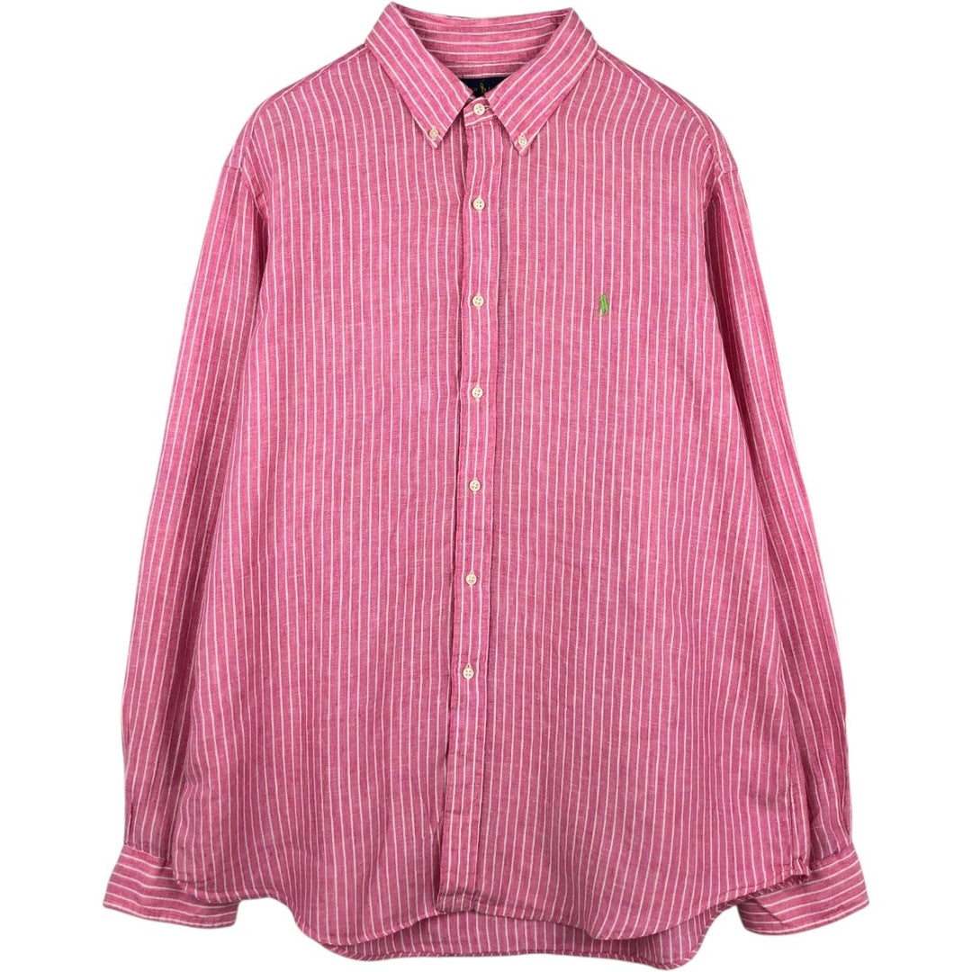 Ralph Lauren Striped Pattern Long-Sleeve Linen Button-Down Shirt, Men's Size XXL (approx.) linen pink type Vintage Second Hand