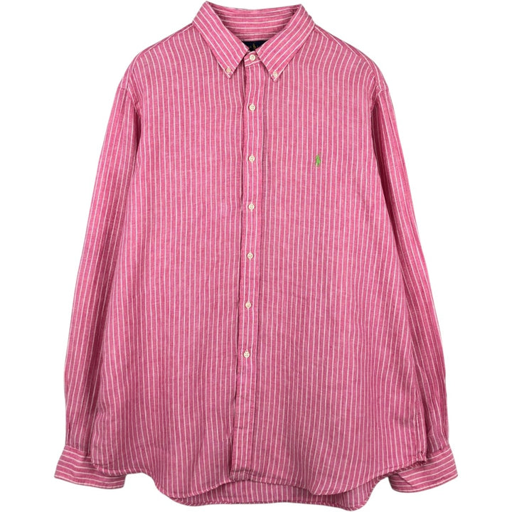 Ralph Lauren Striped Pattern Long-Sleeve Linen Button-Down Shirt, Men's Size XXL (approx.) linen pink type Vintage Second Hand