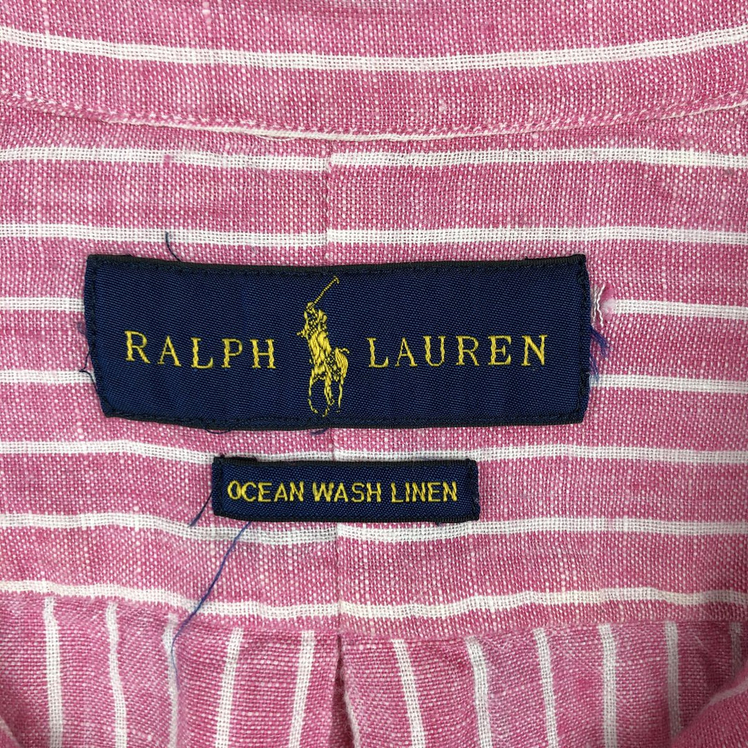 Ralph Lauren Striped Pattern Long-Sleeve Linen Button-Down Shirt, Men's Size XXL (approx.) linen pink type Vintage Second Hand