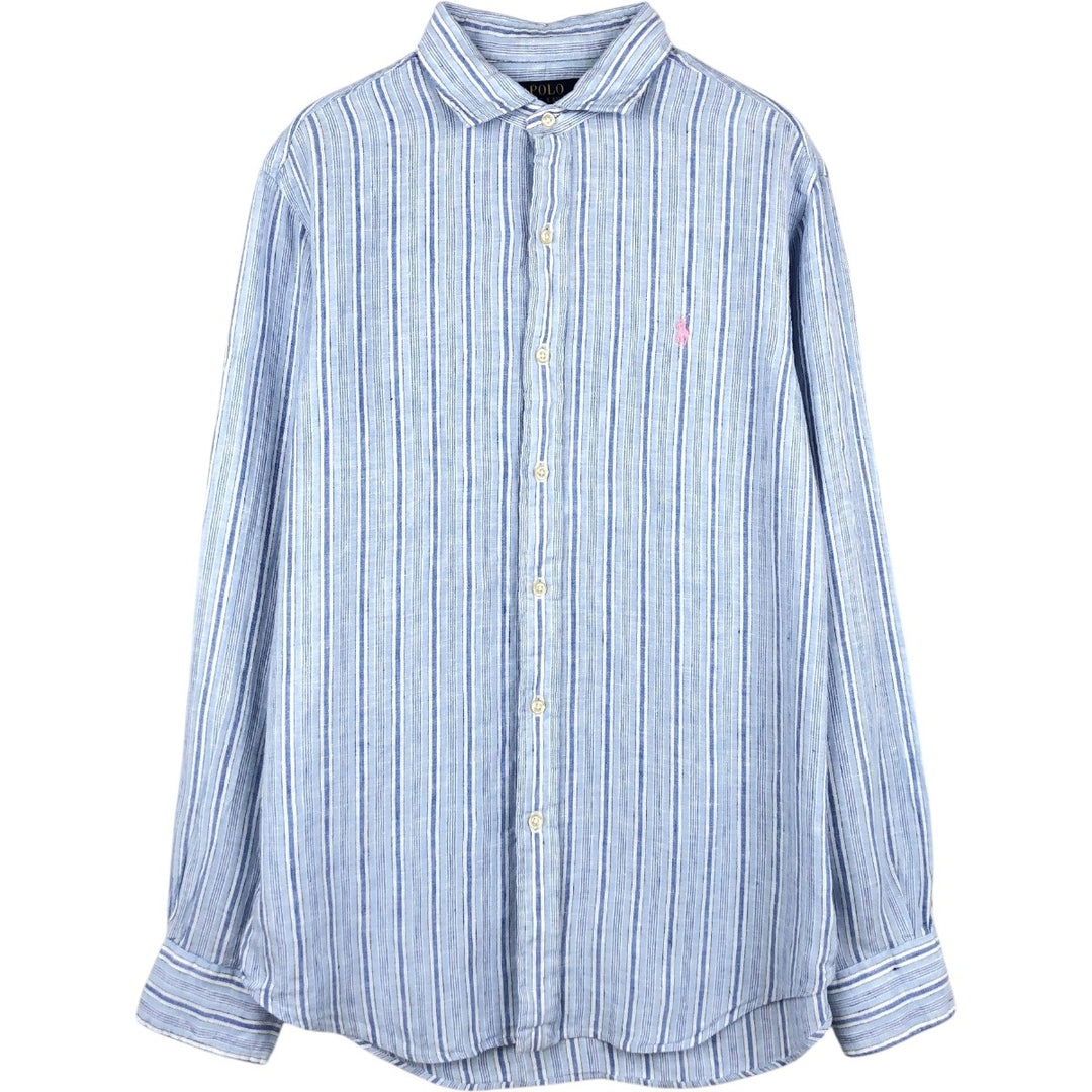 Ralph Lauren CLASSIC FIT Stripe Pattern Long-Sleeve Linen Button-Down Shirt, Men's Size M (approx.) linen blue type Vintage Second Hand