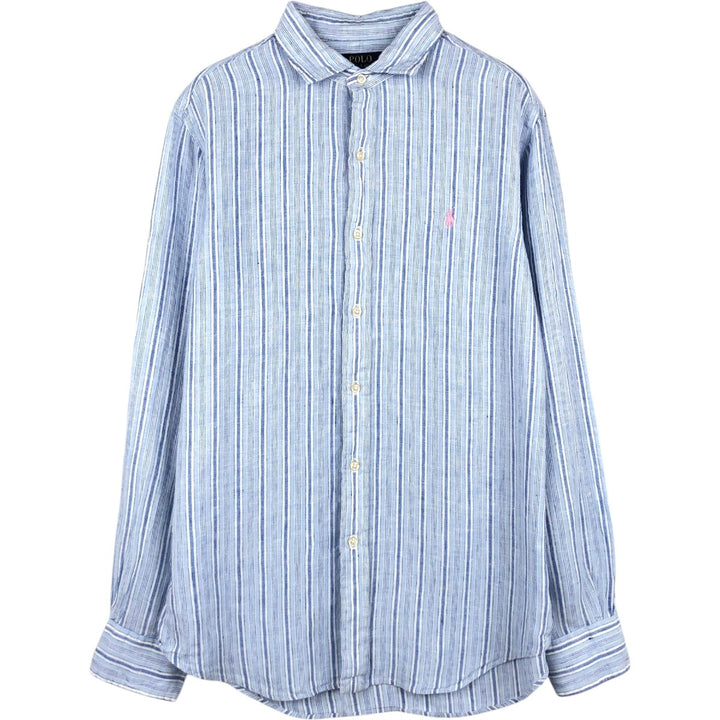 Ralph Lauren CLASSIC FIT Stripe Pattern Long-Sleeve Linen Button-Down Shirt, Men's Size M (approx.) linen blue type Vintage Second Hand