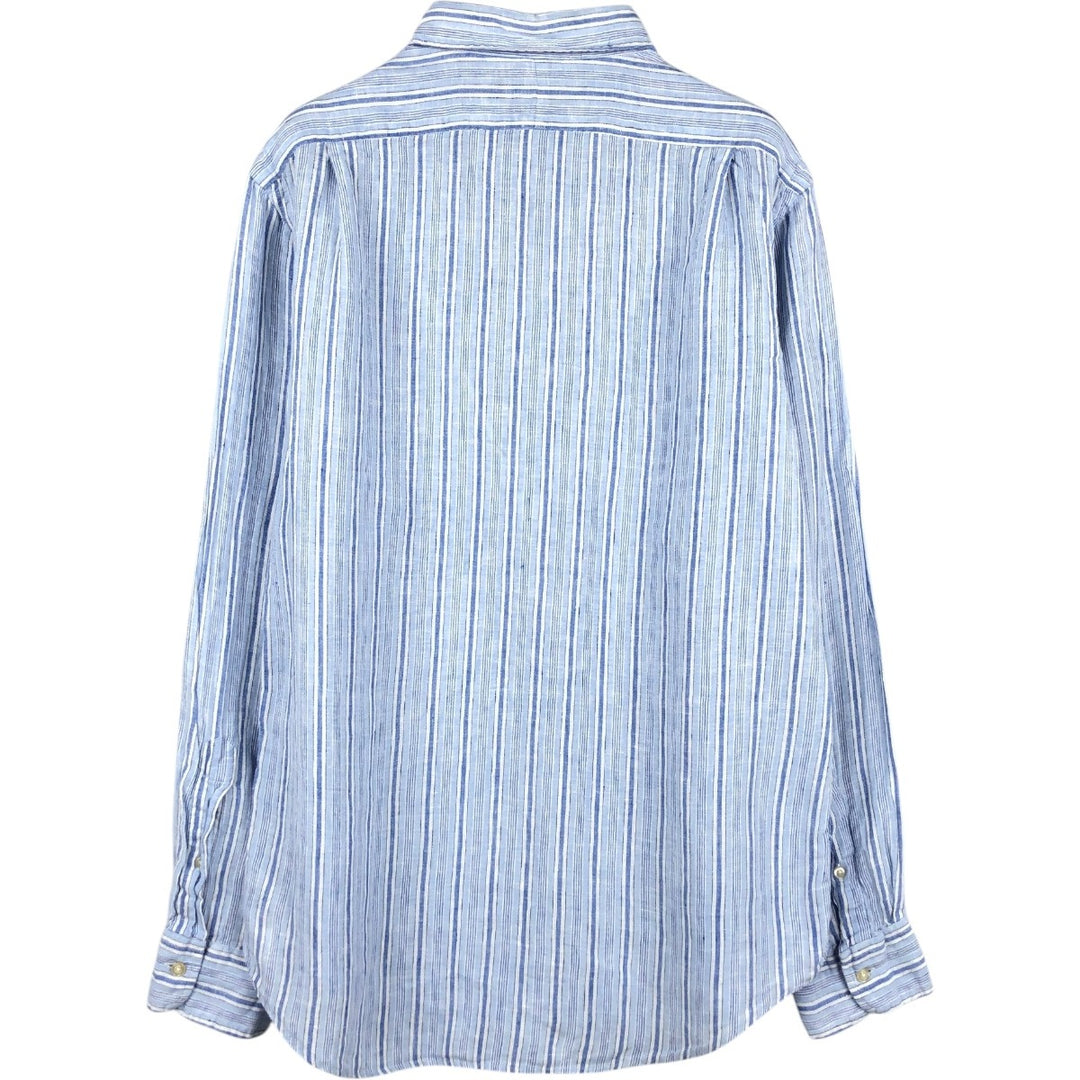 Ralph Lauren CLASSIC FIT Stripe Pattern Long-Sleeve Linen Button-Down Shirt, Men's Size M (approx.) linen blue type Vintage Second Hand