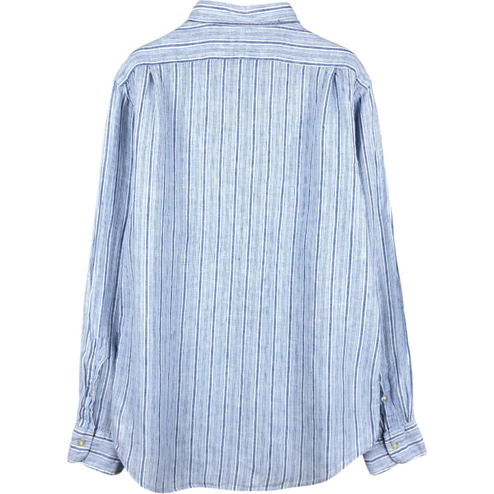 Ralph Lauren CLASSIC FIT Stripe Pattern Long-Sleeve Linen Button-Down Shirt, Men's Size M (approx.) linen blue type Vintage Second Hand