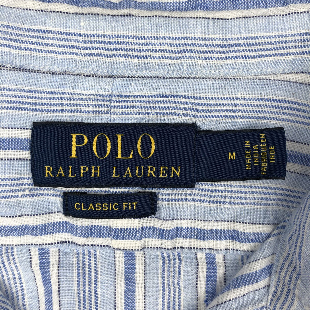 Ralph Lauren CLASSIC FIT Stripe Pattern Long-Sleeve Linen Button-Down Shirt, Men's Size M (approx.) linen blue type Vintage Second Hand