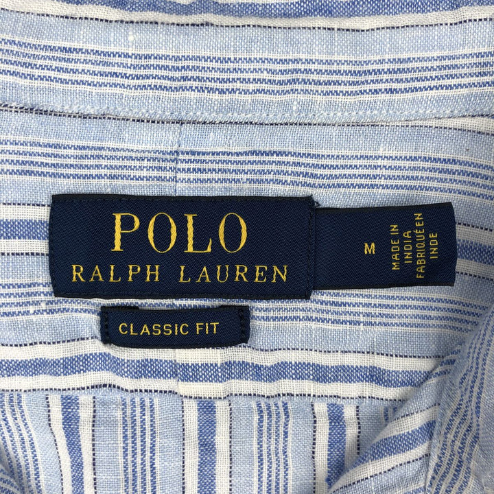 Ralph Lauren CLASSIC FIT Stripe Pattern Long-Sleeve Linen Button-Down Shirt, Men's Size M (approx.) linen blue type Vintage Second Hand