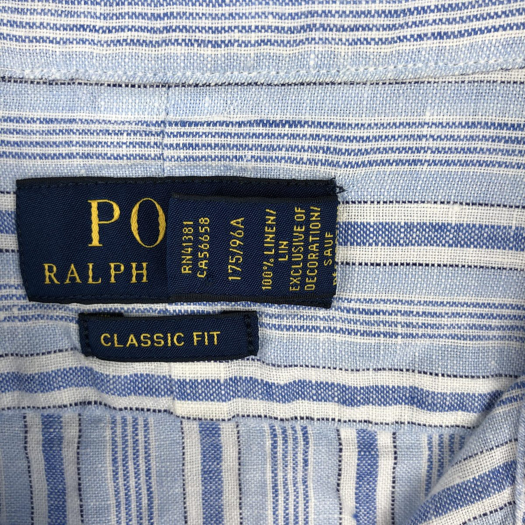 Ralph Lauren CLASSIC FIT Stripe Pattern Long-Sleeve Linen Button-Down Shirt, Men's Size M (approx.) linen blue type Vintage Second Hand