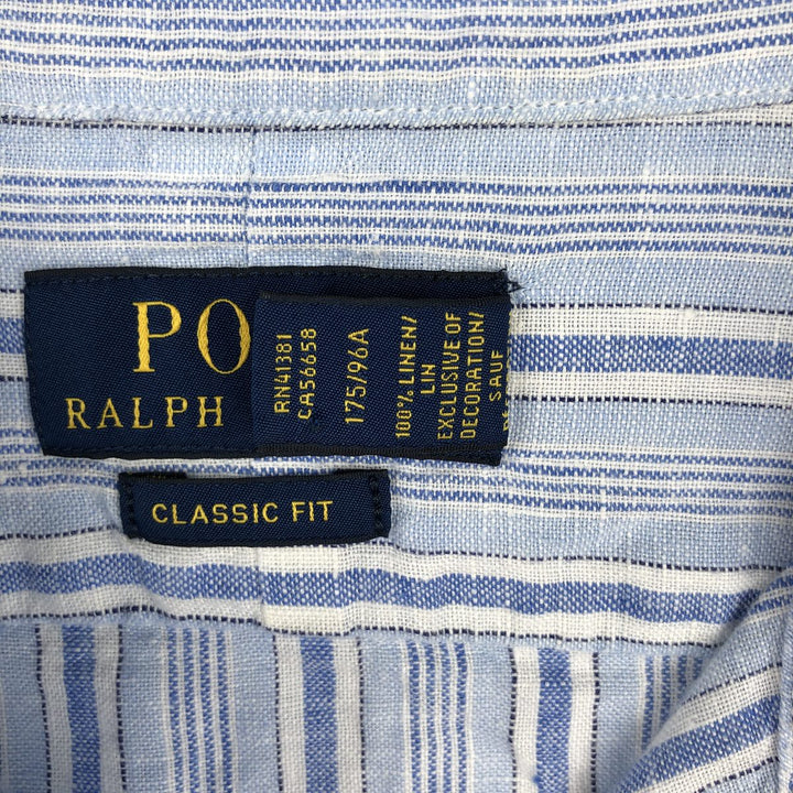 Ralph Lauren CLASSIC FIT Stripe Pattern Long-Sleeve Linen Button-Down Shirt, Men's Size M (approx.) linen blue type Vintage Second Hand