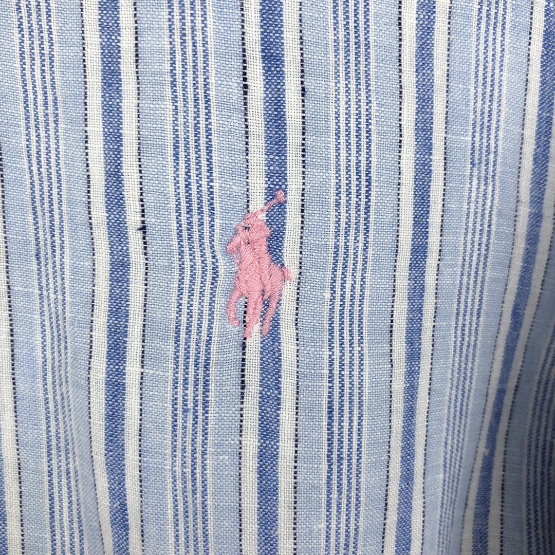 Ralph Lauren CLASSIC FIT Stripe Pattern Long-Sleeve Linen Button-Down Shirt, Men's Size M (approx.) linen blue type Vintage Second Hand