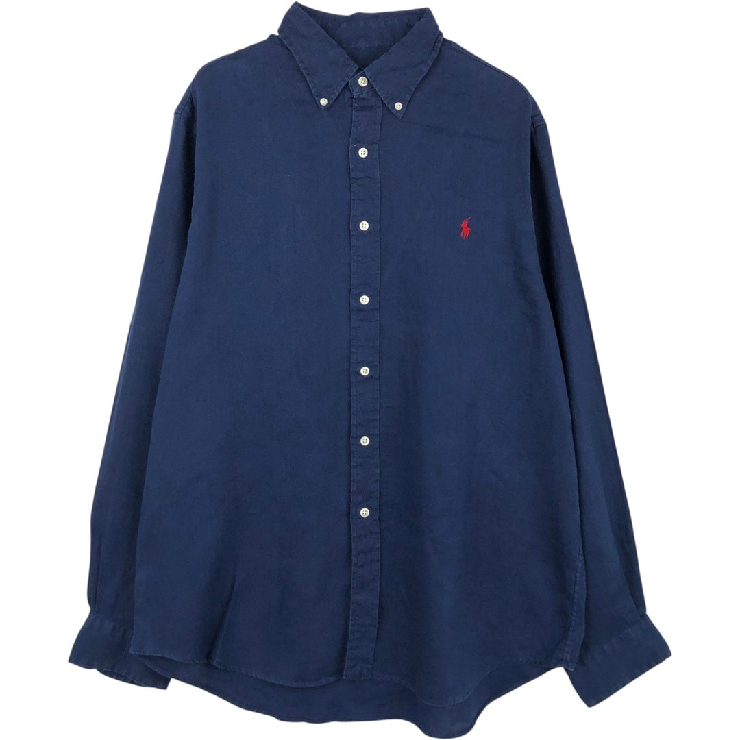 Ralph Lauren long sleeve linen button down shirt, men's size L linen navy blue type Vintage Second Hand