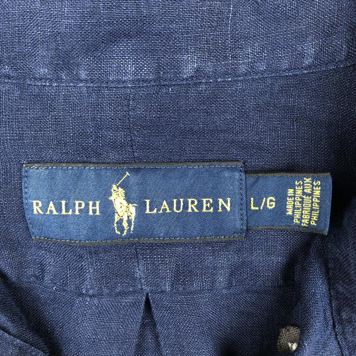 Ralph Lauren long sleeve linen button down shirt, men's size L linen navy blue type Vintage Second Hand