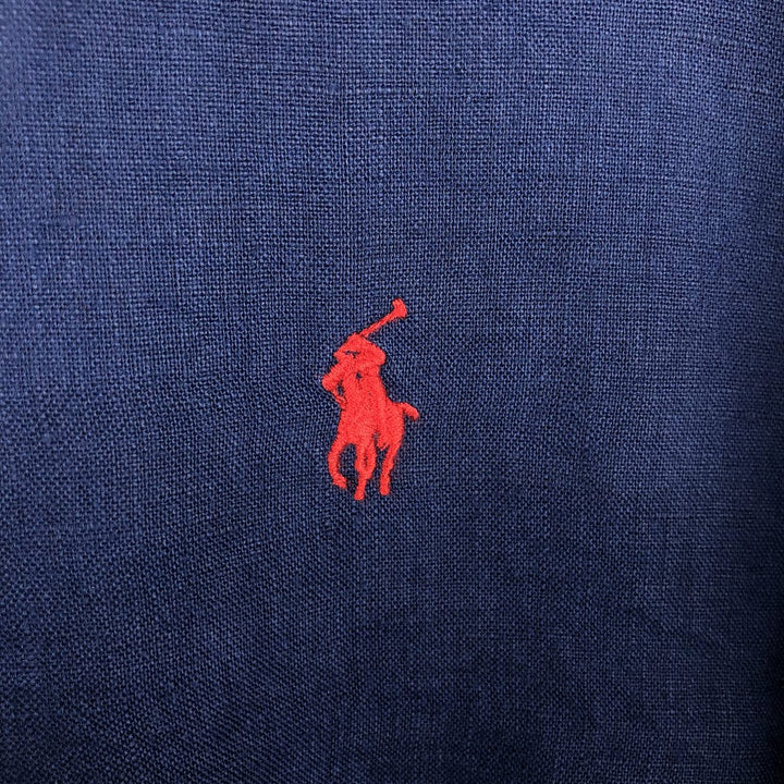 Ralph Lauren long sleeve linen button down shirt, men's size L linen navy blue type Vintage Second Hand